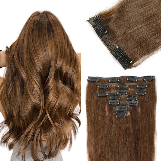 Dark Brown Clip-In Human Hair Extensions – 100% Real Remy Hair, Double Weft, Full Head 7PCS Set for Volume & Length Glendale