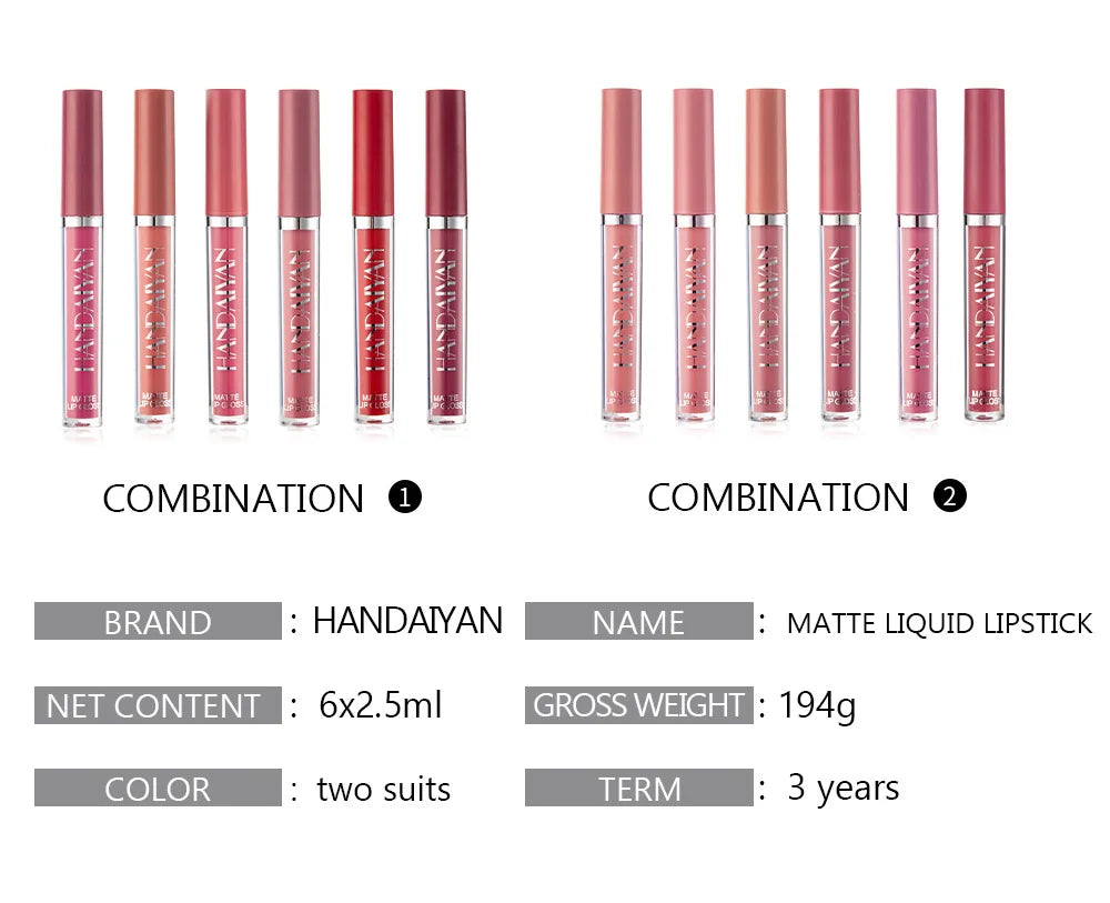 HANDAIYAN 6 PCS Lipstick Set Make-up for women Non stick Cup Waterproof Long lasting Cosmetics Korean makeup Matte lipstick